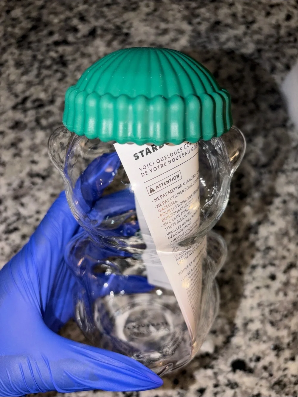 Starbucks Clear Bear-Shaped Glass Cup with Green Beanie Lid